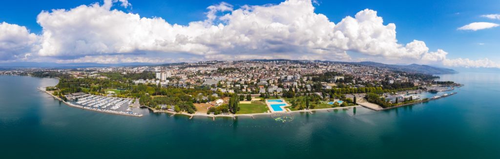 Aerial view of Ouchy waterfront in Lausanne, Switzerland