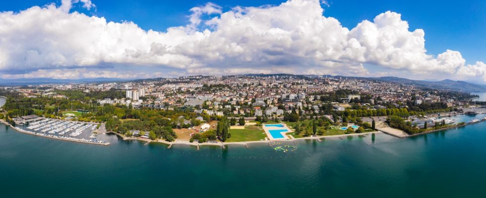 Aerial view of Ouchy waterfront in Lausanne, Switzerland