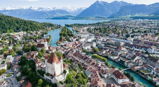 Aerial view of the Thun castle in the city of Thun, Switzerland