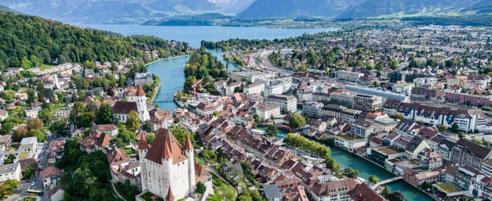 Aerial view of the Thun castle in the city of Thun, Switzerland