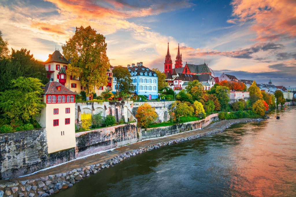 Basel, Switzerland on the Rhine River at Dusk in Autumn