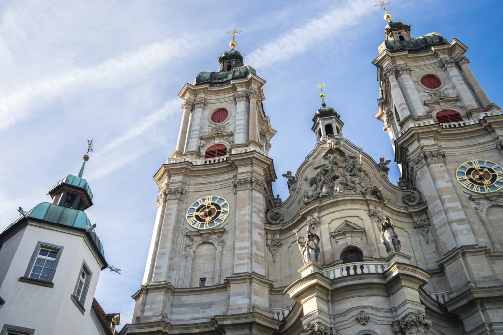 Low angle shot of the facade of Abbey of St. Gall in Switzerland against blue sky