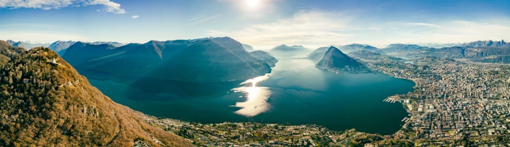 Lugano, Switzerland. Amazing view of the Swiss city, surrounded by lake and mountains.