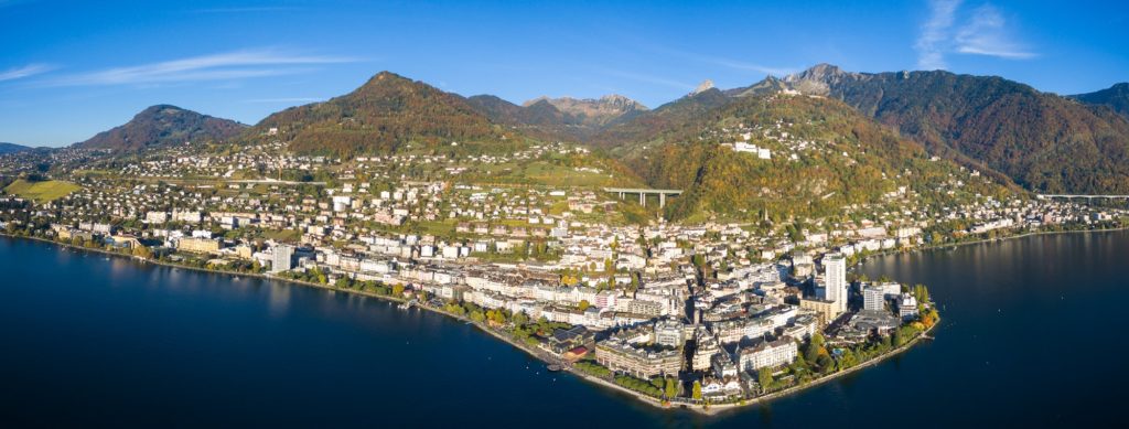 Panoramic Aerial view of Montreux waterfront, Switzerland